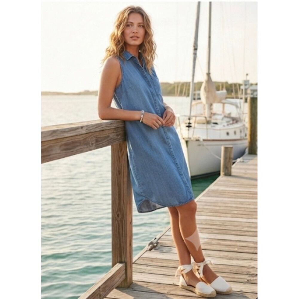 J.Crew Shirt Dress Women XS Blue Sleeveless Chambray Lyocell Cotton G4944 Midi